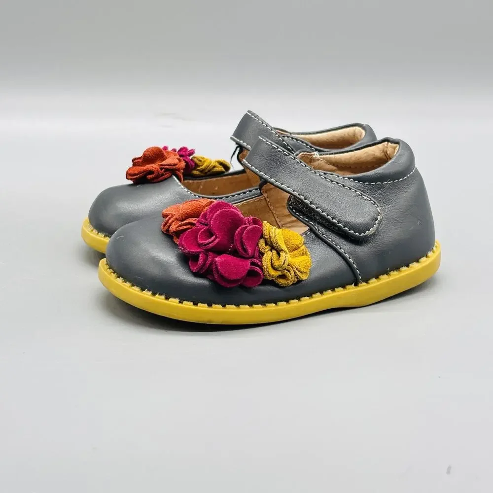 Livie & Luca Shoes Girls 4 Gray Leather Mary Jane Floral Hook & Loop Flats Dress